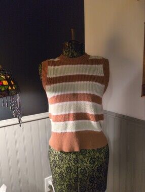 twik Striped Sleeveless Crew Knit Vest in Rust and Cream